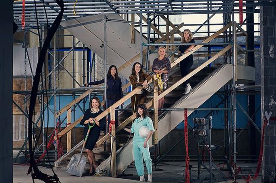 Among the team players in the redevelopment and rebranding of the C. Baldwin, a Curio Collection by... [+] Hilton hotel in Houston are several prominent women. From left: Maggie Rosa, general manager; guest room and public space designer Lauren Rottet of Rottet Studio; food and beverage designer Kate Rohrer of ROHE Creative; photographer Elizabeth Conley; branding designer Laurent French of Sockeye; and Jennifer Ruthowski, Brookfield Properties' hospitality vice president.