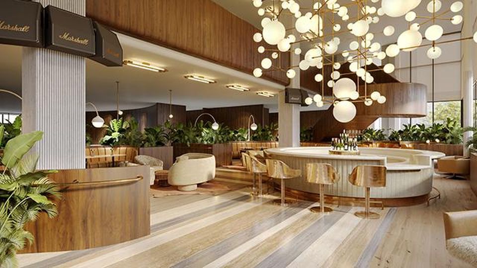 When completed, the light-filled double-height bar area at the C. Baldwin Hotel in Houston – soon to... [+] debut as one of Hilton's Curio Collection properties – is key to the through-view across the hotel's ground level to adjacent green space at Allen Center, also under redevelopment by owner Brookfield Properties.